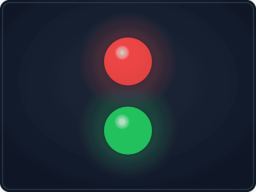 Due luci di segnalazione luminose impilate in verticale su un pannello di lanterna scuro, quella superiore rossa e quella inferiore verde, ciascuna con un morbido alone di luce intorno